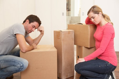 Packed boxes and household items prepared for transport in Bow